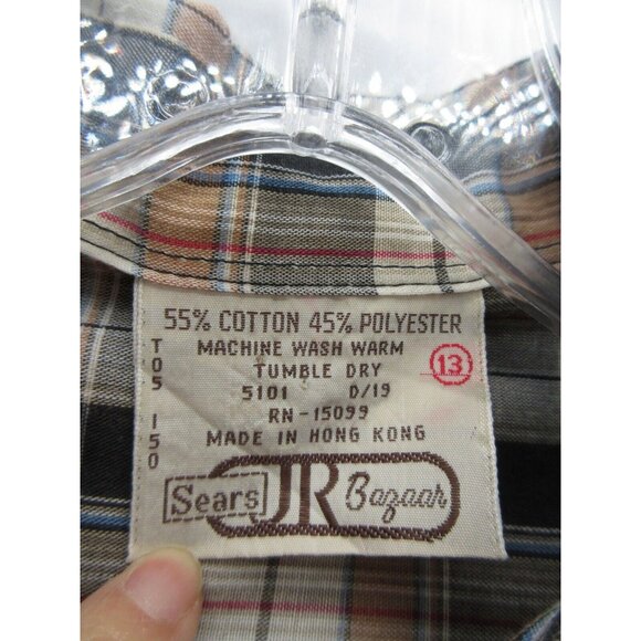 VINTAGE Sears Top Medium Gray 70s Button Up Shirt Plaid Pocket - Picture 8 of 9